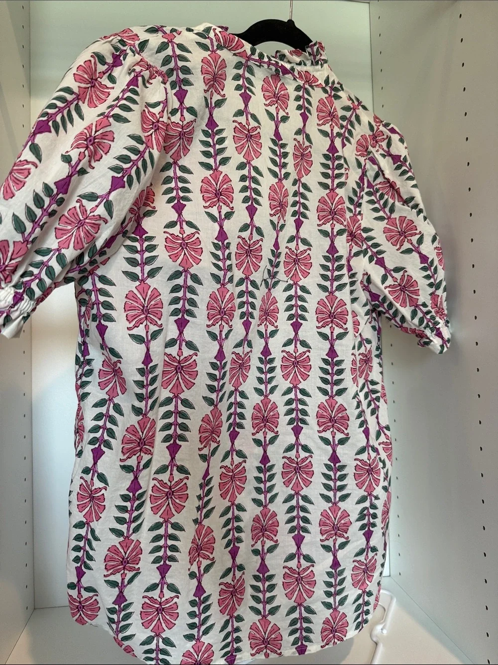 J. Crew White Blouse with Pink and Green Floral Print and Ruffle V-Neck